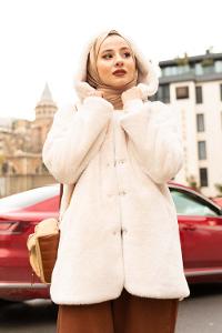 Modalamelif Kapşonlu Peluş Kürk Mont Ekru