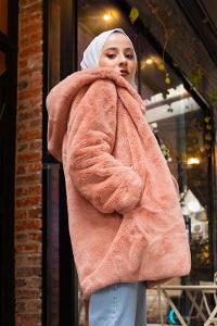 Modalamelif Kapşonlu Peluş Kürk Mont Pudra