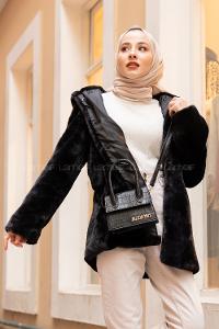 Modalamelif Kapşonlu Peluş Kürk Mont Siyah