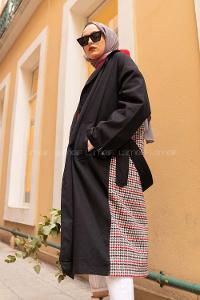 Modalamelif Arkası Ekose Desen Belden Bağlamalı Trenç Siyah Bordo