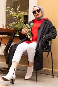 Modalamelif Arkası Ekose Desen Belden Bağlamalı Trenç Siyah Bordo