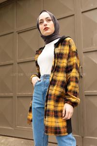 Modalamelif Arkası Yazı Baskılı Kapşonlu Ekose Tunik Hardal Sarısı