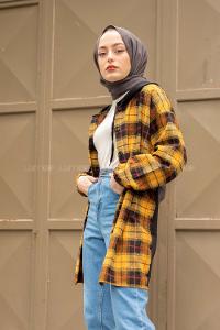 Modalamelif Arkası Yazı Baskılı Kapşonlu Ekose Tunik Hardal Sarısı