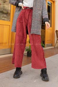 Modalamelif Kalın Fitilli Geniş Paça Kadife Pantolon  Bordo