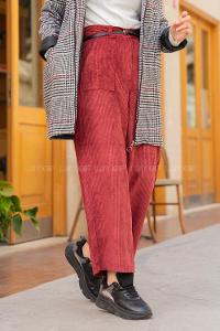 Modalamelif Kalın Fitilli Geniş Paça Kadife Pantolon  Bordo