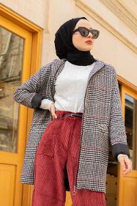 Modalamelif Önü Fermuarlı Çift Cep Detaylı Kaban Bordo