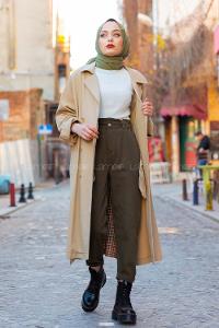 Modalamelif Arkası Ekose Desen Belden Bağlamalı Trenç Bej Yeşil