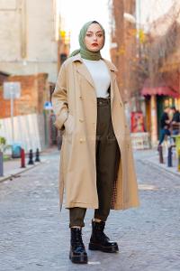 Modalamelif Arkası Ekose Desen Belden Bağlamalı Trenç Bej Yeşil