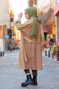 Modalamelif Arkası Ekose Desen Belden Bağlamalı Trenç Bej Yeşil