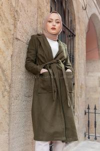 Modalamelif Belden Bağlamalı Kaşe Kaban Haki