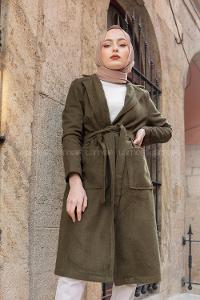 Modalamelif Belden Bağlamalı Kaşe Kaban Haki