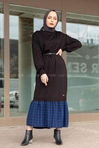 Modalamelif Etek Ucu Ekose Detaylı Elbise Siyah Saks Mavisi