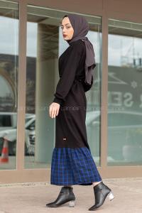 Modalamelif Etek Ucu Ekose Detaylı Elbise Siyah Saks Mavisi