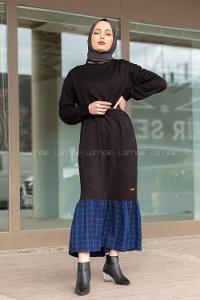 Modalamelif Etek Ucu Ekose Detaylı Elbise Siyah Saks Mavisi