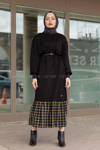 Modalamelif Etek Ucu Ekose Detaylı Elbise Siyah Siyah Hardal