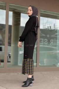 Modalamelif Etek Ucu Ekose Detaylı Elbise Siyah Siyah Hardal