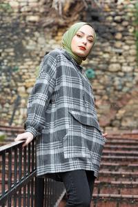 Modalamelif Kanguru Cep Kapaklı Kapşonlu Ekose Desen Tunik Gri