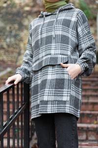 Modalamelif Kanguru Cep Kapaklı Kapşonlu Ekose Desen Tunik Gri