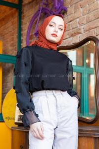 Modalamelif Kol Tül Detaylı Triko Tunik Siyah