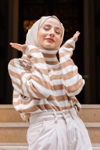 Modalamelif Balıkçı Yaka Çizgili Kazak Sütlü Kahve