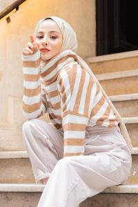 Modalamelif Balıkçı Yaka Çizgili Kazak Sütlü Kahve