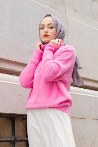 Modalamelif Balıkçı Yaka Düz Renk Kazak Pembe