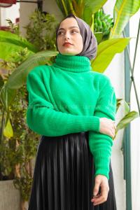 Modalamelif Balıkçı Yaka Düz Renk Kazak Yeşil