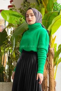 Modalamelif Balıkçı Yaka Düz Renk Kazak Yeşil