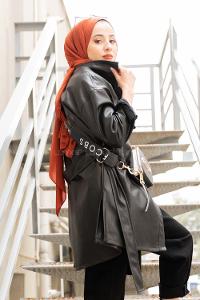 Modalamelif Belden Bağlamalı Deri Ceket Siyah