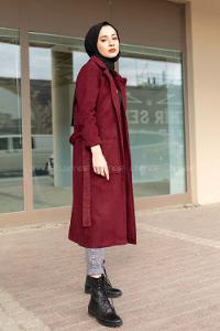 Modalamelif Belden Bağlamalı Kaşe Kaban Bordo