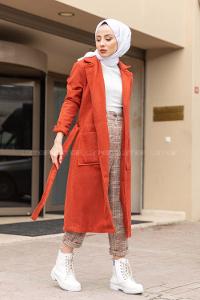 Modalamelif Belden Bağlamalı Kaşe Kaban Kiremit