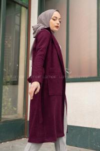 Modalamelif Bağlamalı Kaşe Kaban Mürdüm