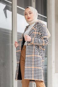 Modalamelif Çizgili Kazayağı Desen Kaban Sütlü Kahve