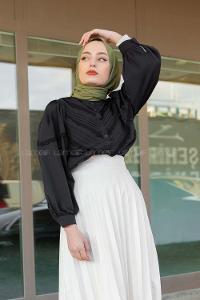 Modalamelif Dantelli Balon Kol Gömlek Siyah