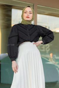 Modalamelif Dantelli Balon Kol Gömlek Siyah