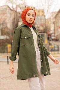 Modalamelif Eteği Kuş Gözlü Ceket Haki