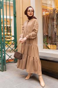 Modalamelif Hakim Yaka Önü Yarım Düğmeli Elbise Camel