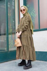 Modalamelif Hakim Yaka Önü Yarım Düğmeli Elbise Haki