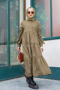 Modalamelif Hakim Yaka Önü Yarım Düğmeli Elbise Haki