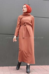 Modalamelif İnce Fitilli Kemerli Elbise Kahverengi