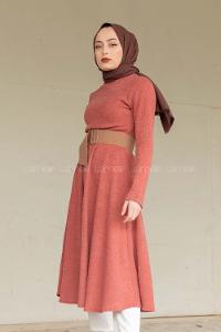 Modalamelif Kloş Kemerli Triko Elbise Gül