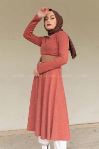 Modalamelif Kloş Kemerli Triko Elbise Gül