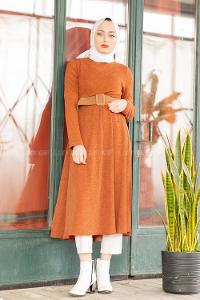 Modalamelif Kloş Kemerli Triko Elbise Kiremit