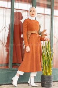 Modalamelif Kloş Kemerli Triko Elbise Kiremit