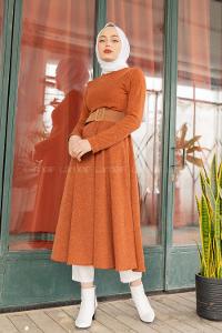 Modalamelif Kloş Kemerli Triko Elbise Kiremit