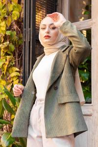 Modalamelif Önü Düğmeli Kadife Ceket Haki