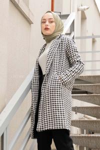 Modalamelif Önü Düğmeli Kazayağı Desen Kaban Siyah Beyaz