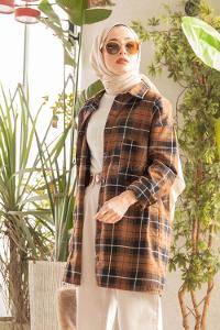 Modalamelif  Önü Düğmeli Oduncu Gömleği Kahverengi Beyaz