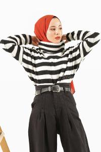 Modalamelif Balıkçı Yaka Çizgili Kazak Siyah