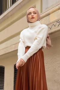 Modalamelif Balıkçı Yaka Düz Renk Kazak Ekru